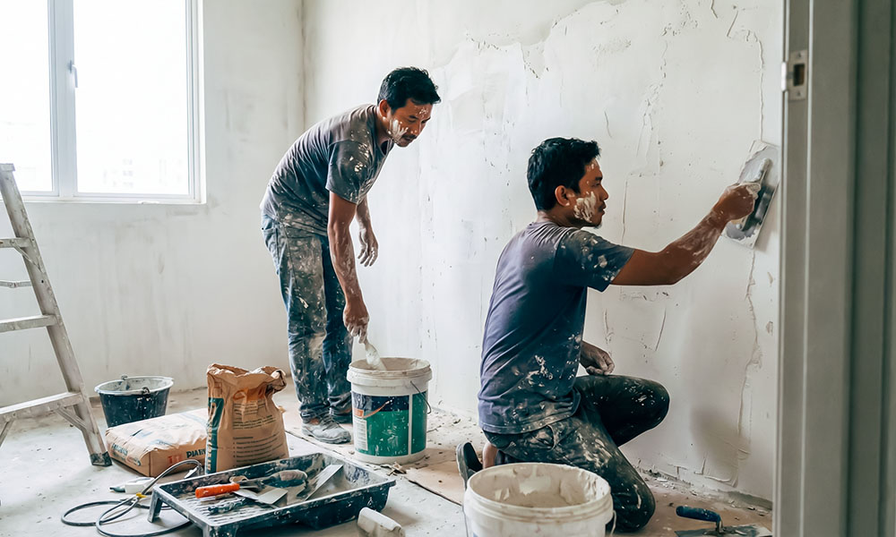 рабочие штукатурят стены ровные