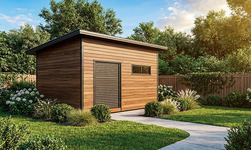 компактный хозблок с роллетными воротами