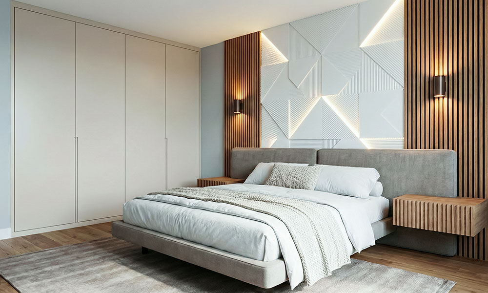 объёмный декор стен геометрические узоры из 3D панелей с подсветкой