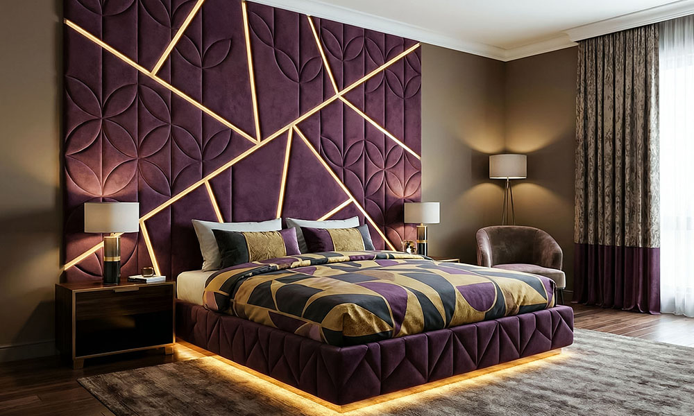 3D декор стены мягкая стена из ткани в спальне с подсветкой