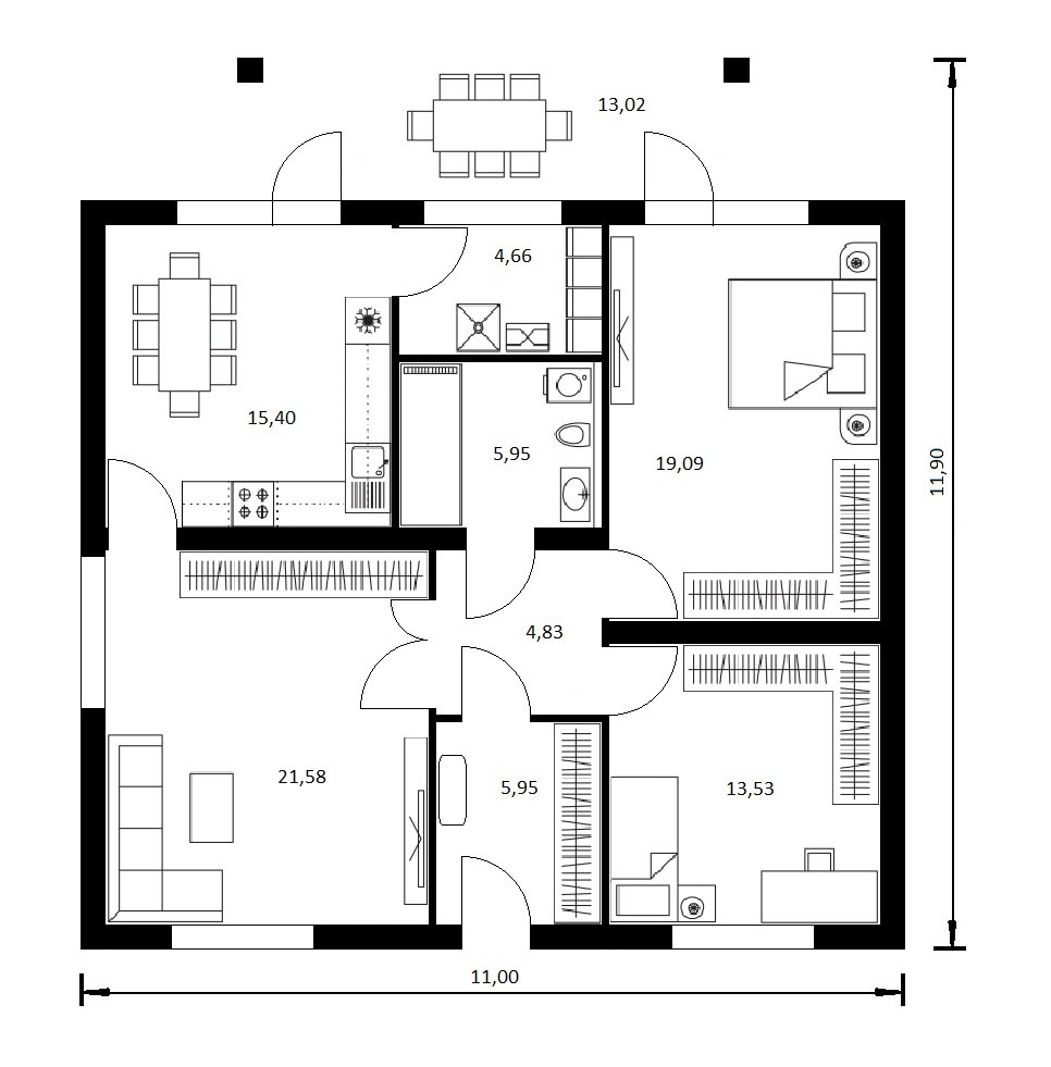 планировка 1 этажного дома 90 кв м 11 на 11 метров