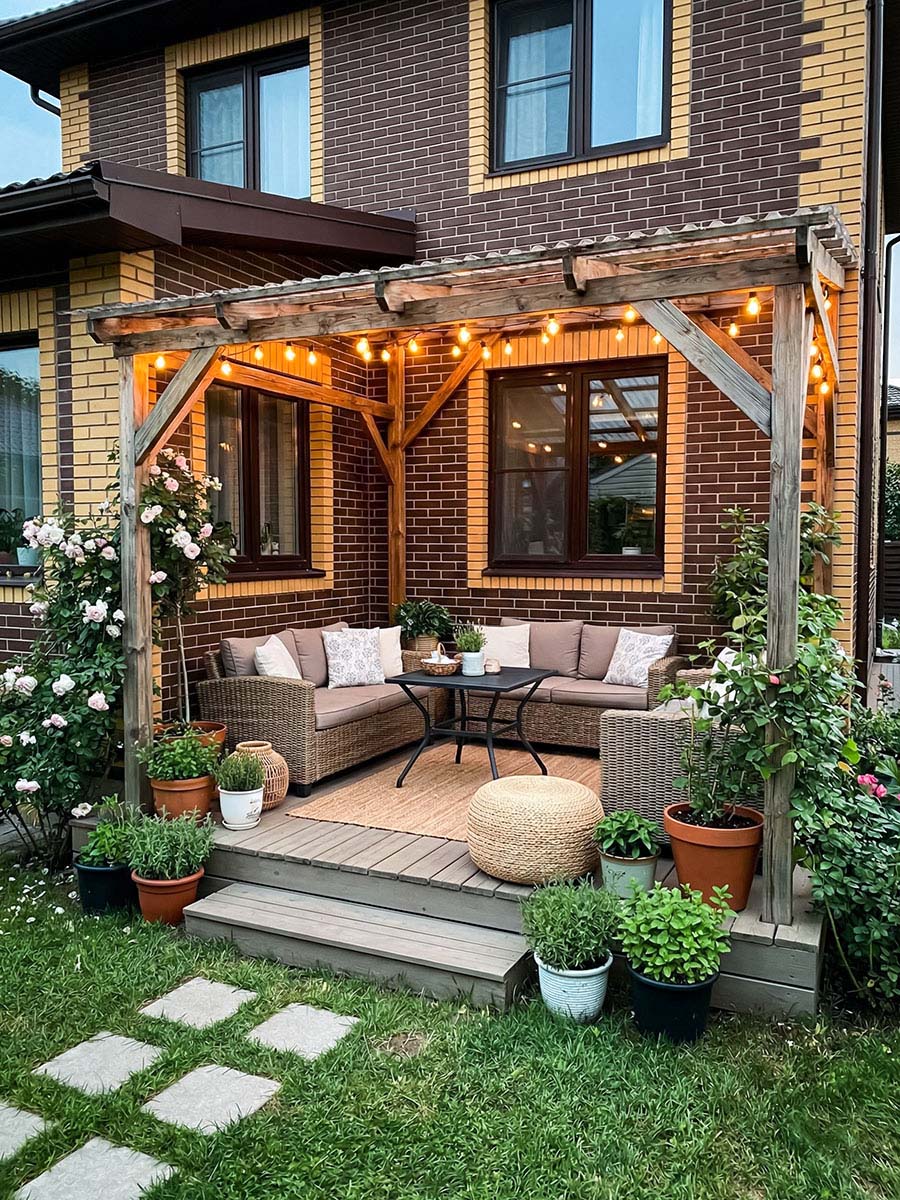 Пристроенная терраса с легкой деревянной перголой