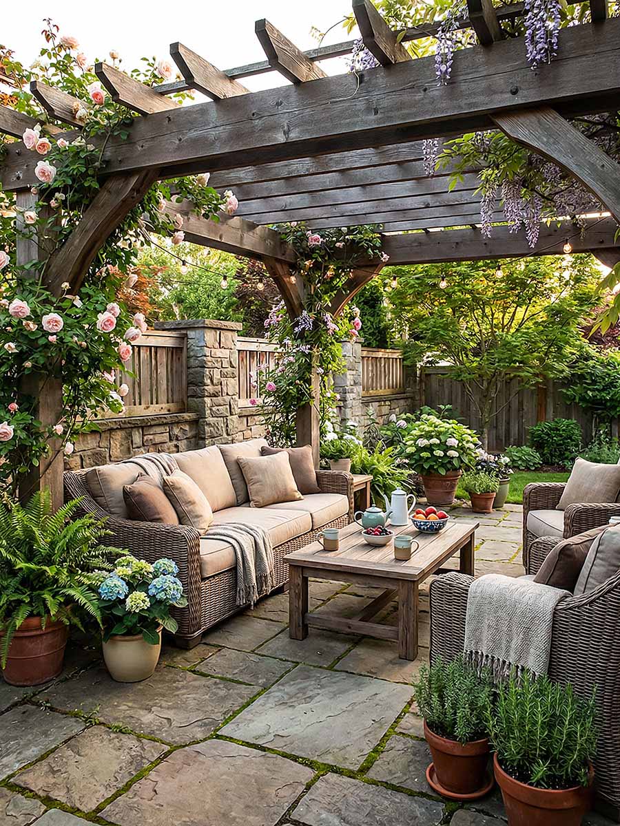 Массивная пергола с вертикальным озеленением