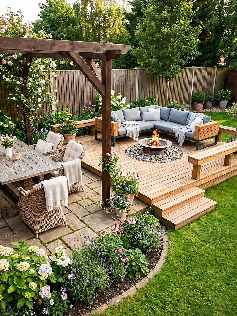 Просторная терраса с костровой чашей