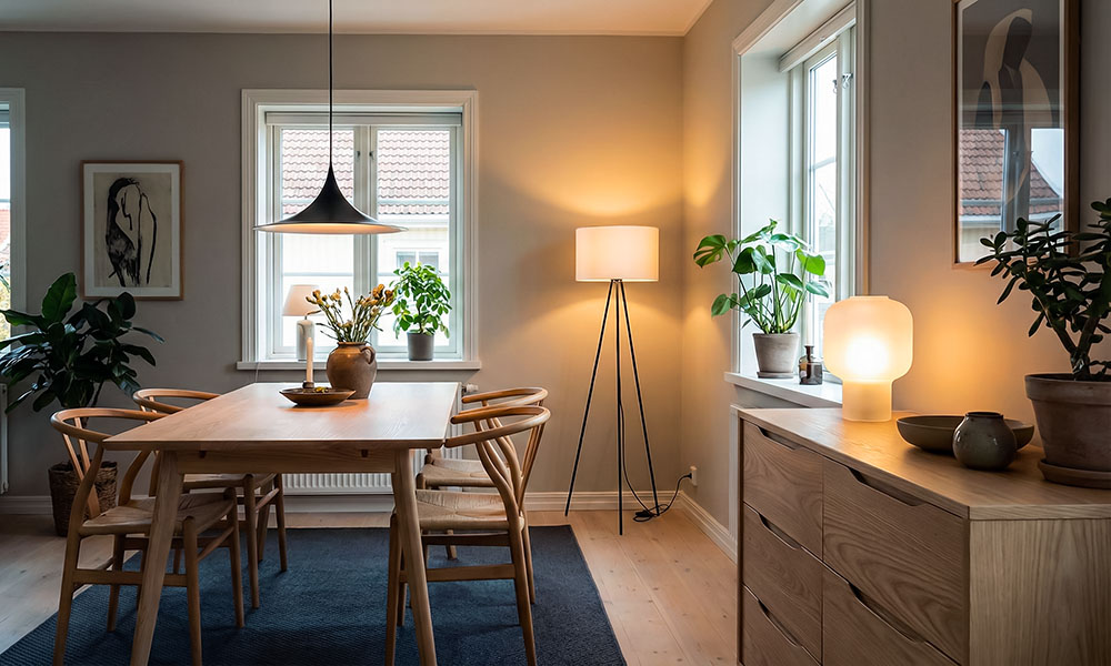 Многоуровневое освещение в обеденной зоне. интерьер скандинавский стиль