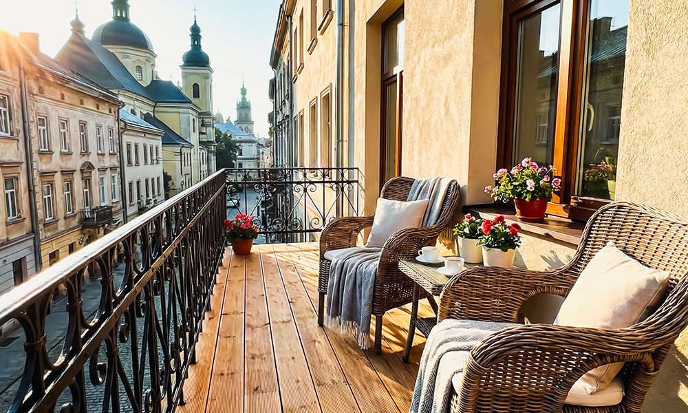 Уютный открытый балкон с коваными перилами и плетеные кресла