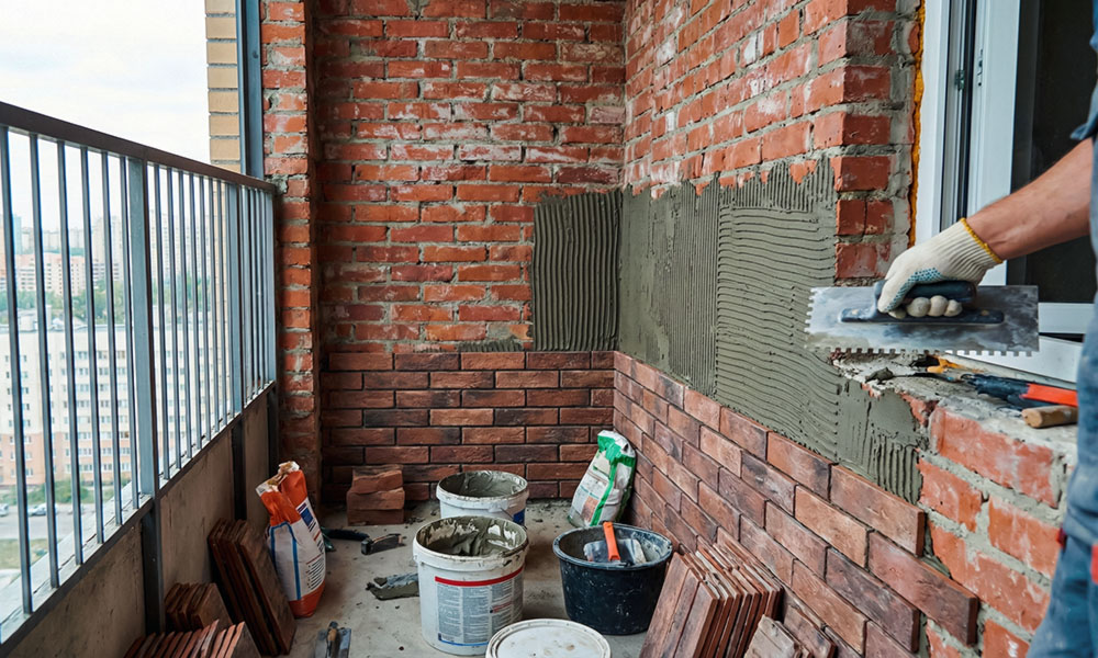 Облицовка стены балкона клинкерной плиткой