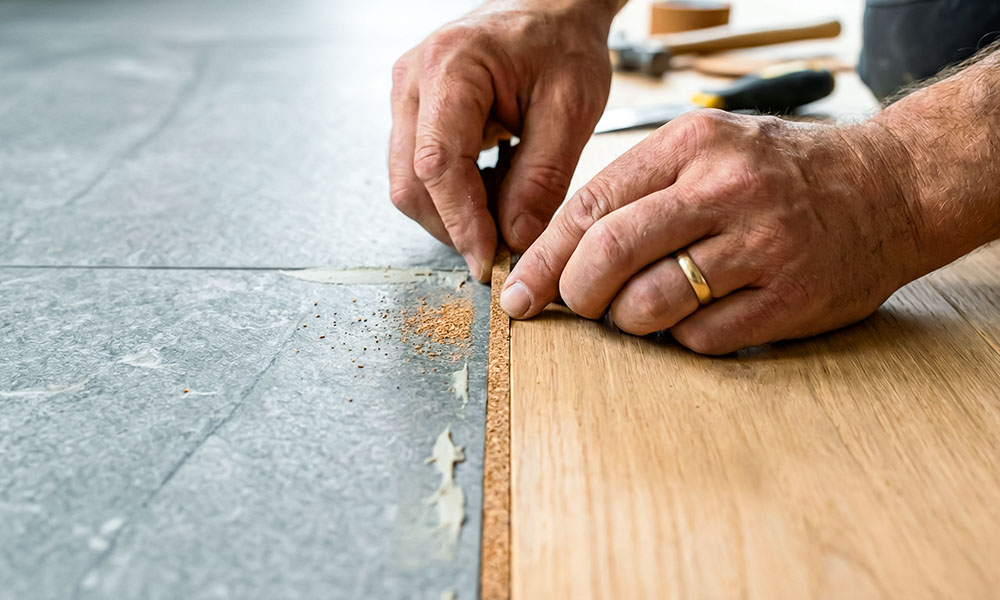 Монтаж пробкового компенсатора между ламинатом и плиткой