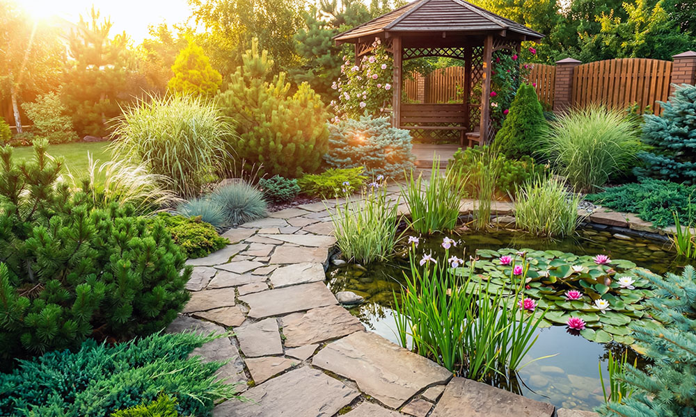 Пейзажный стиль ландшафтного дизайна. Пруд и беседка