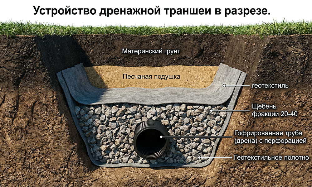 Устройство дренажной траншеи в разрезе