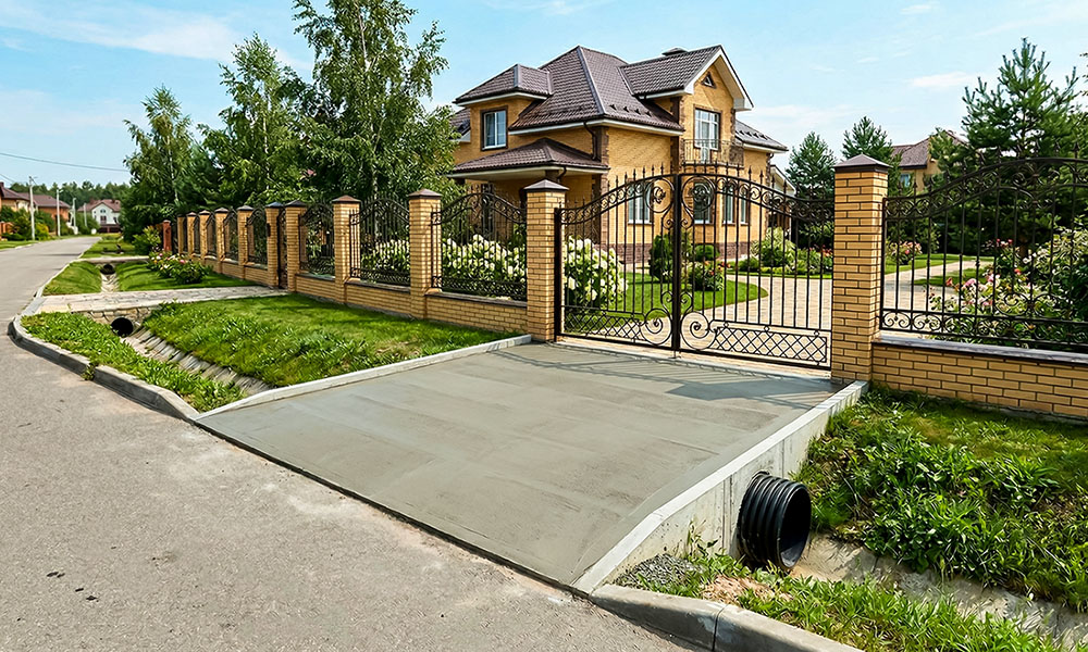 Готовый забетонированный въезд на участок через дренажную канаву с подпорными стенками