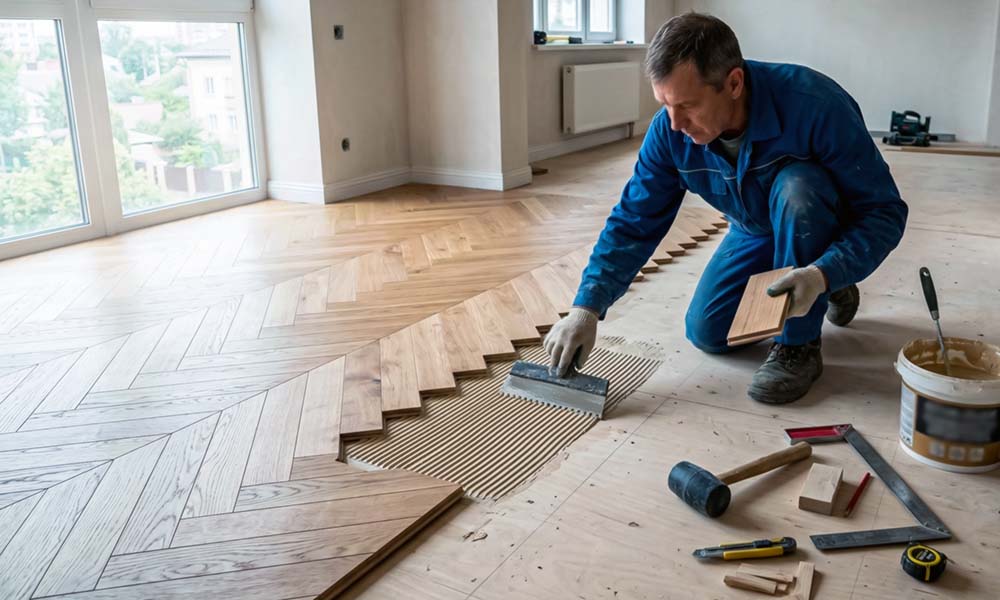 Монтаж укладка штучного паркета узор английская елка