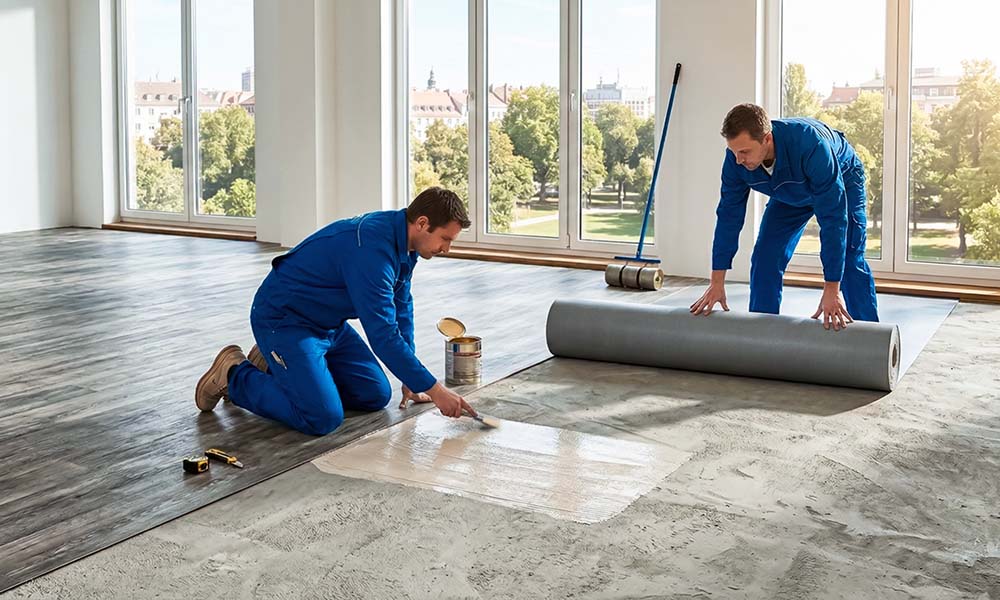 мастера укладывают рулонный линолеум