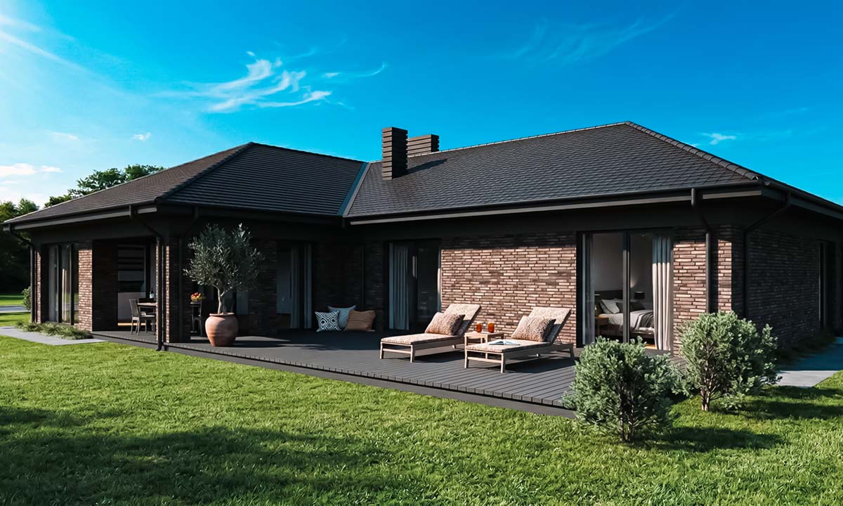 Проект дома 193 кв м. Задний двор с просторной террасой