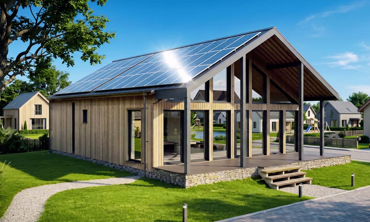Барнхаус с солнечными панелями. Крыша дома с солнечными панелями.