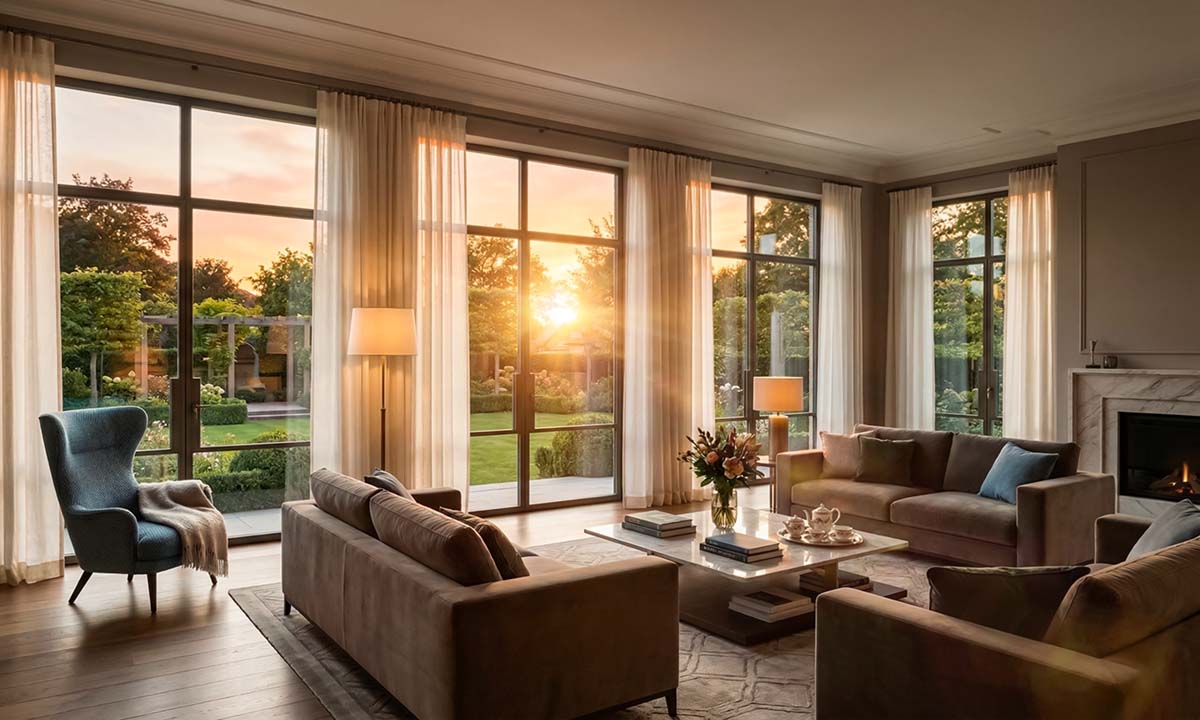 Гостиная с остеклением на западную сторону. Интерьер гостиной в классическом стиле.