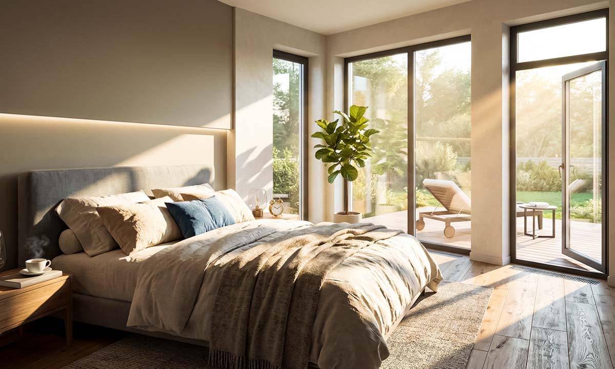  Светлая спальня на восточной стороне. Интерьер спальной комнаты.