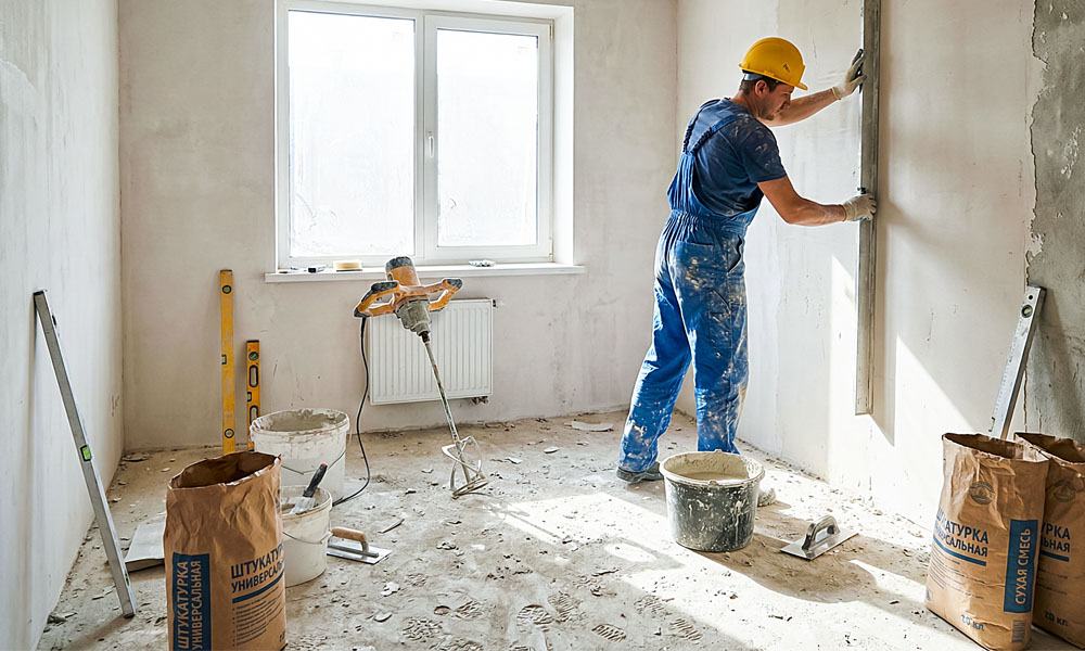 мастер наносит штукатурку на стены штукатурит